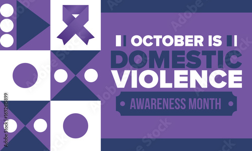Domestic Violence Awareness Month in October. Celebrate annual in United States. Awareness purple ribbon. Day of Unity. Prevention campaign. Stop women abuse. Poster, banner and background. Vector