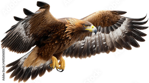 Soaring Eagle in Flight: A majestic eagle with outstretched wings soars powerfully, showcasing its impressive plumage and piercing gaze, symbolizing freedom and strength. 