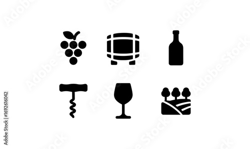 Wine icons collection: grapes, barrel, bottle, corkscrew, glass, vineyard