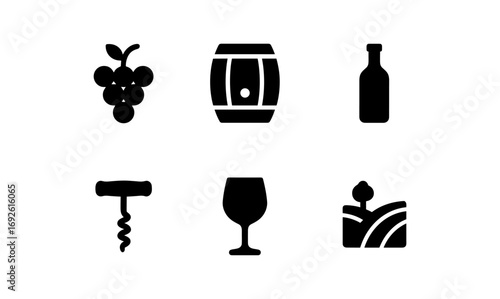 Wine icon set featuring grapes, barrel, bottle, corkscrew, glass, and vineyard