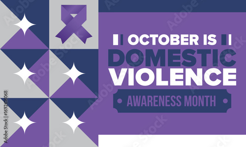 Domestic Violence Awareness Month in October. Celebrate annual in United States. Awareness purple ribbon. Day of Unity. Prevention campaign. Stop women abuse. Poster, banner and background. Vector