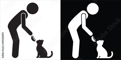 Stylized Person Feeding Pet Cat Icon in Black and White Contrast