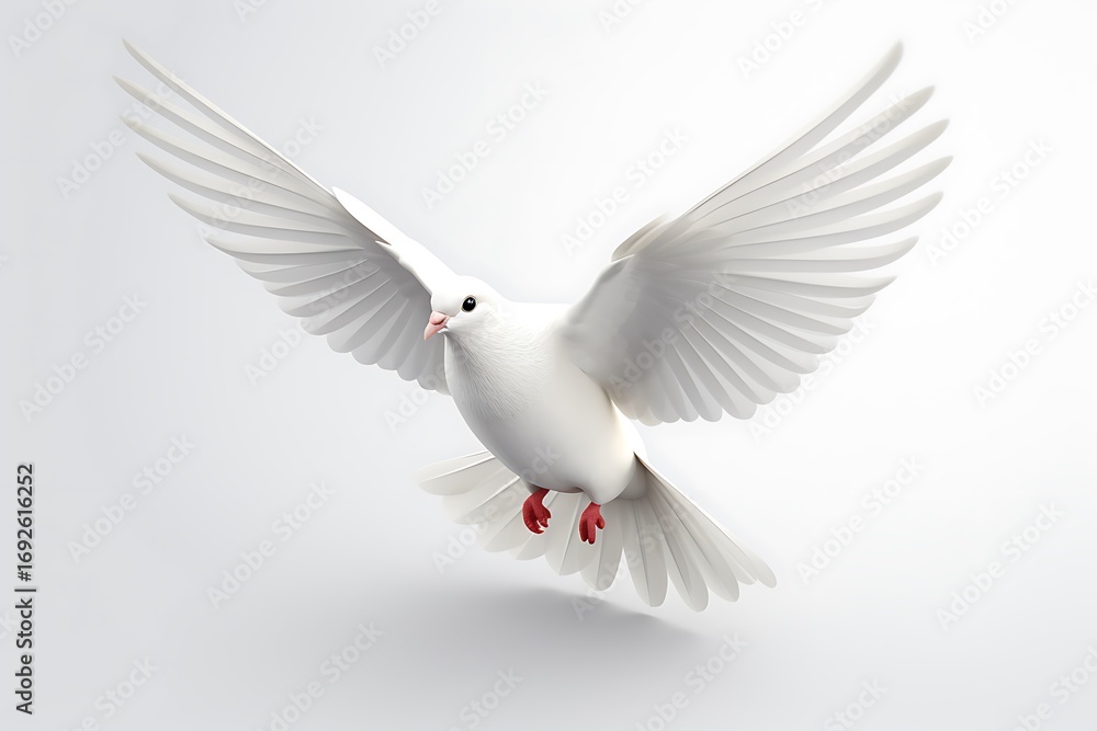 Fototapeta premium A graceful white dove soaring through the air with outstretched wings, symbolizing peace