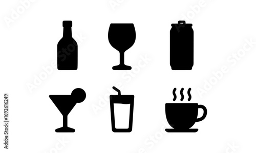 Silhouette icons of beverage glasses and cups for varied drinks