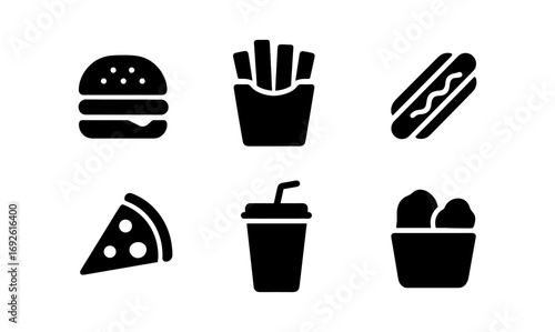 Silhouette icons of classic fast food: burgers, fries, and more