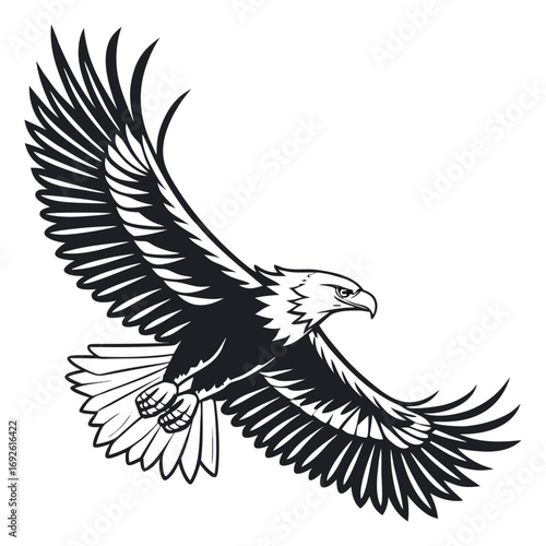 Stylized black and white vector of a soaring American bald eagle.