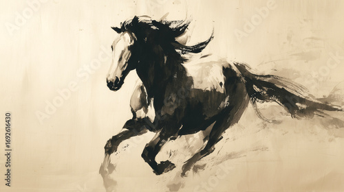 勢いよく走る馬の墨絵・砂煙のタッチと長い尾（午年・干支・年賀）