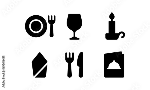 Elegant dining icons set: silhouette dinnerware, glass, candle, napkin, cutlery, menu
