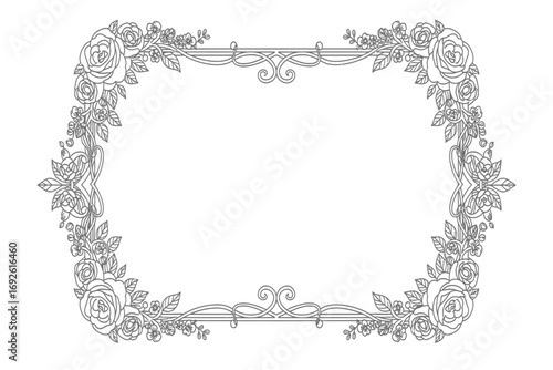 Outline illustration of a sofa decorated with floral garlands and wreaths on white