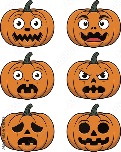Six cartoon  pumpkins with different expressive faces