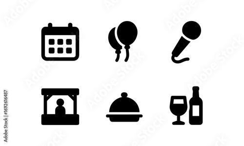Event icon set: calendar, balloons, microphone, booth, dish, wine