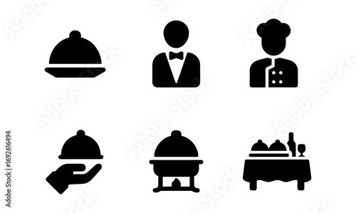 Catering and restaurant icons featuring serving and dining symbols in solid style