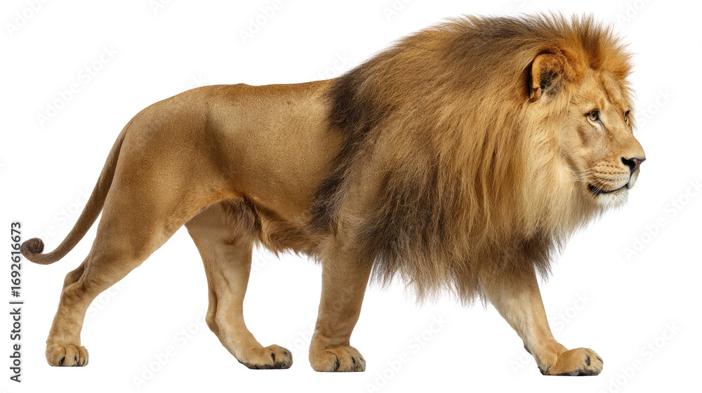 Obraz premium Majestic Lion in Stride: A powerful male lion strides confidently, its golden mane flowing in a display of regal dominance and untamed wilderness.