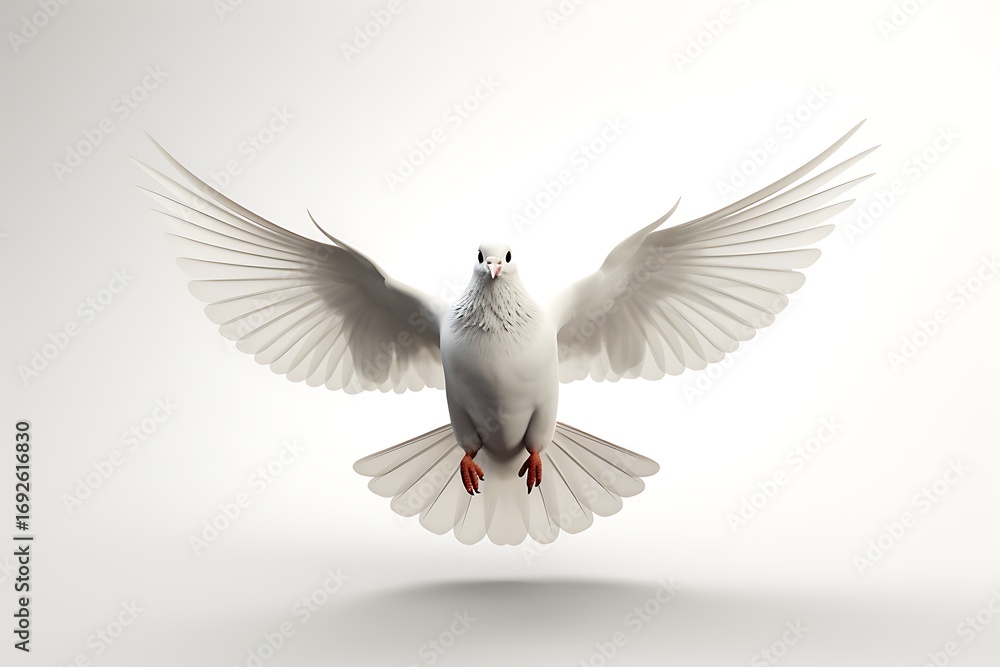 Obraz premium A graceful white dove in mid-flight, showcasing its wings against a soft, neutral background
