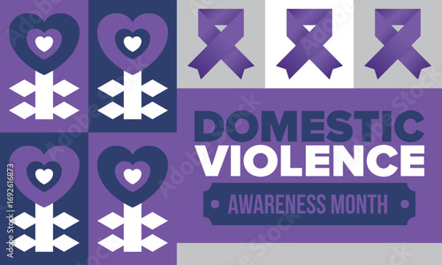 Domestic Violence Awareness Month in October. Celebrate annual in United States. Awareness purple ribbon. Day of Unity. Prevention campaign. Stop women abuse. Poster, banner and background. Vector