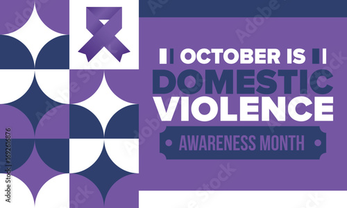 Domestic Violence Awareness Month in October. Celebrate annual in United States. Awareness purple ribbon. Day of Unity. Prevention campaign. Stop women abuse. Poster, banner and background. Vector
