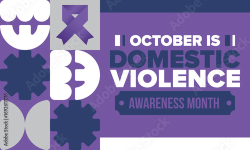 Domestic Violence Awareness Month in October. Celebrate annual in United States. Awareness purple ribbon. Day of Unity. Prevention campaign. Stop women abuse. Poster, banner and background. Vector