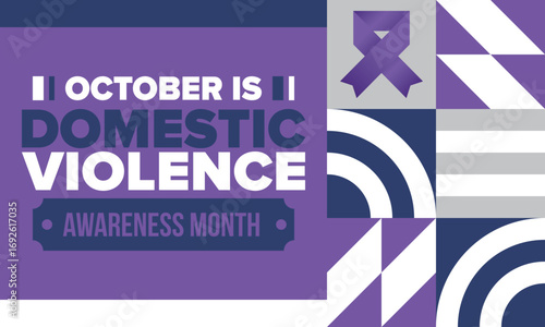 Domestic Violence Awareness Month in October. Celebrate annual in United States. Awareness purple ribbon. Day of Unity. Prevention campaign. Stop women abuse. Poster, banner and background. Vector