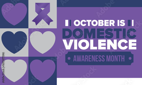 Domestic Violence Awareness Month in October. Celebrate annual in United States. Awareness purple ribbon. Day of Unity. Prevention campaign. Stop women abuse. Poster, banner and background. Vector