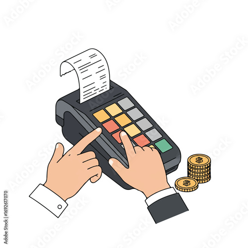 Flat lay illustration of two hands using a vector payment terminal with a receipt printing; clean, minimalist style with muted colors.