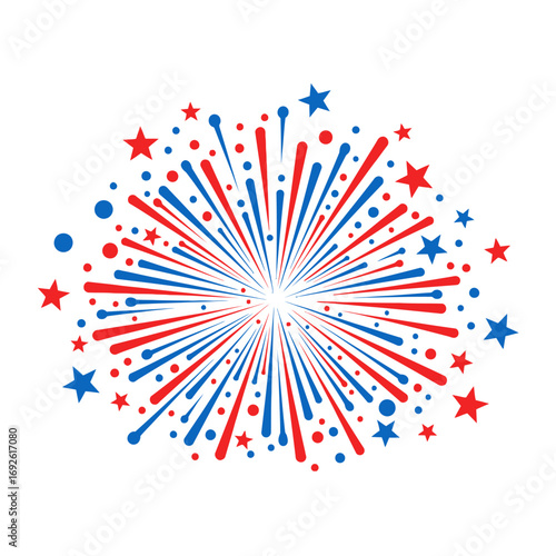 A burst of stylized fireworks with red and blue stars and radial lines emanating from a central point on a white background.
