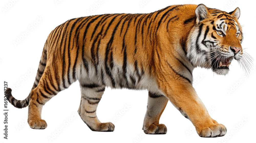 Fototapeta premium Majestic Tiger's Stride: A striking orange and black tiger in mid-stride, showcasing its powerful physique and focused gaze.