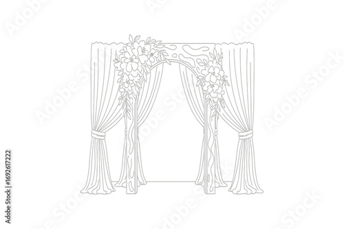 Black and white outline drawing of a wedding arch with flowers and draped curtains
