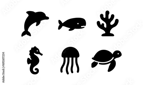 Marine silhouette icons: dolphin, fish, coral, seahorse, jellyfish, turtle
