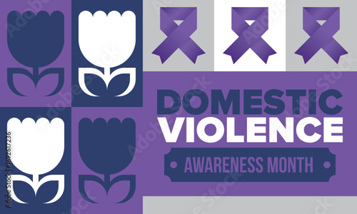 Domestic Violence Awareness Month in October. Celebrate annual in United States. Awareness purple ribbon. Day of Unity. Prevention campaign. Stop women abuse. Poster, banner and background. Vector