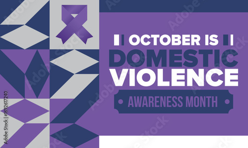 Domestic Violence Awareness Month in October. Celebrate annual in United States. Awareness purple ribbon. Day of Unity. Prevention campaign. Stop women abuse. Poster, banner and background. Vector