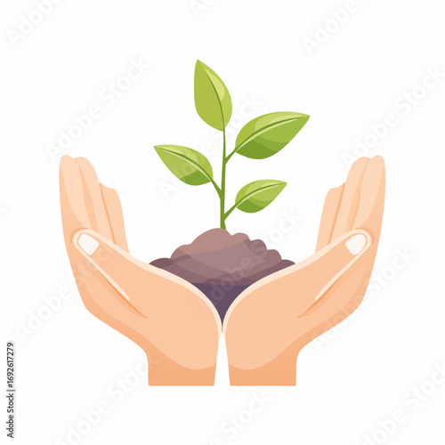 Vector illustration of hands holding young green plant for growth and sustainability