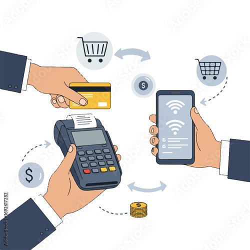 Flat lay illustration of hands using a credit card and smartphone for vector payment, showing contactless payment process with digital transaction icons against a white