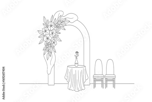 Line art illustration of a saree and sherwani hanging on hangers on a white background