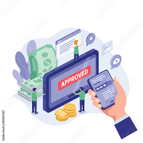 Isometric illustration of people processing a vector payment approval on a tablet, with stacks of cash and coins, conveying a positive financial mood against a light