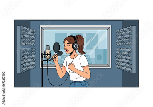 Woman singing into microphone in a soundproof recording studio.
