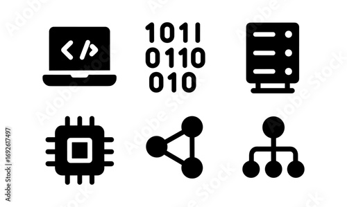 Tech icons: coding, binary, server, chip, network, hierarchy in bold design