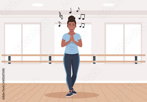 Woman in dance studio with music notes above head.