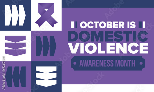 Domestic Violence Awareness Month in October. Celebrate annual in United States. Awareness purple ribbon. Day of Unity. Prevention campaign. Stop women abuse. Poster, banner and background. Vector