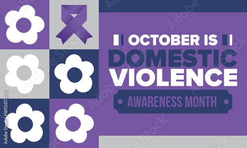Domestic Violence Awareness Month in October. Celebrate annual in United States. Awareness purple ribbon. Day of Unity. Prevention campaign. Stop women abuse. Poster, banner and background. Vector