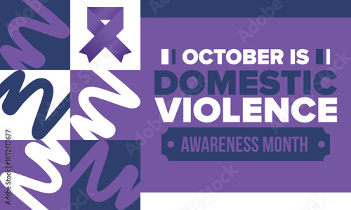 Domestic Violence Awareness Month in October. Celebrate annual in United States. Awareness purple ribbon. Day of Unity. Prevention campaign. Stop women abuse. Poster, banner and background. Vector
