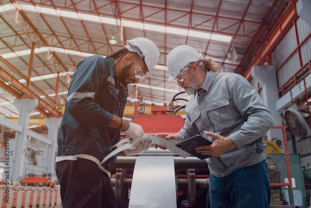 Fototapeta premium Engineers and staff are inspecting systems and components in a metal sheet and metal roofing manufacturing plant.