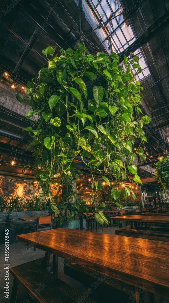 Fototapeta premium Lush Hanging Plant in a Cozy Indoor Space with Wooden Tables.