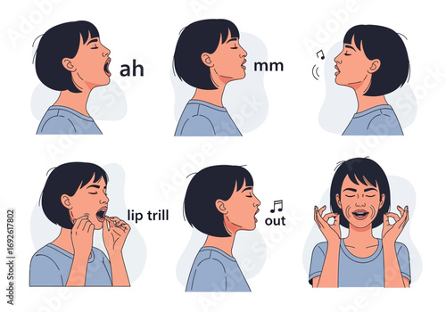 Woman demonstrating different vocal exercises and sounds with text labels.