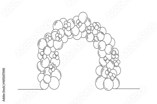 Illustration of an archway made of balloons in black and white line drawing style