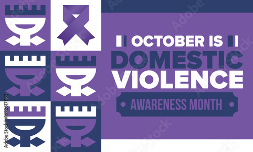 Domestic Violence Awareness Month in October. Celebrate annual in United States. Awareness purple ribbon. Day of Unity. Prevention campaign. Stop women abuse. Poster, banner and background. Vector