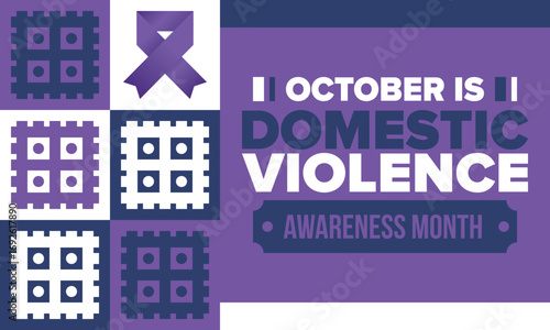 Domestic Violence Awareness Month in October. Celebrate annual in United States. Awareness purple ribbon. Day of Unity. Prevention campaign. Stop women abuse. Poster, banner and background. Vector