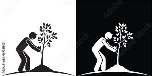 Person Planting Tree Pictogram in Black and White Contrast