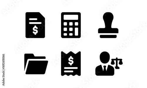 Financial and legal icon set: silhouette style for business solutions