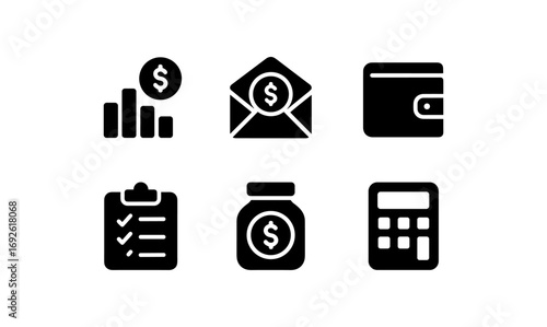Black and white financial icons set featuring money, wallet, and calculator elements