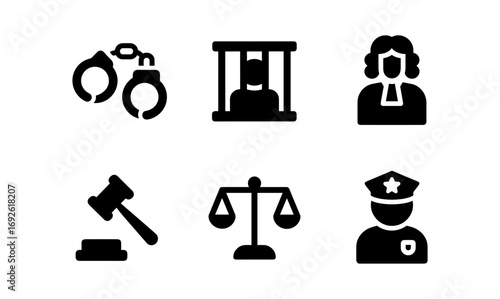 Set of crime and justice icons featuring police, scales, and handcuffs in black silhouette style